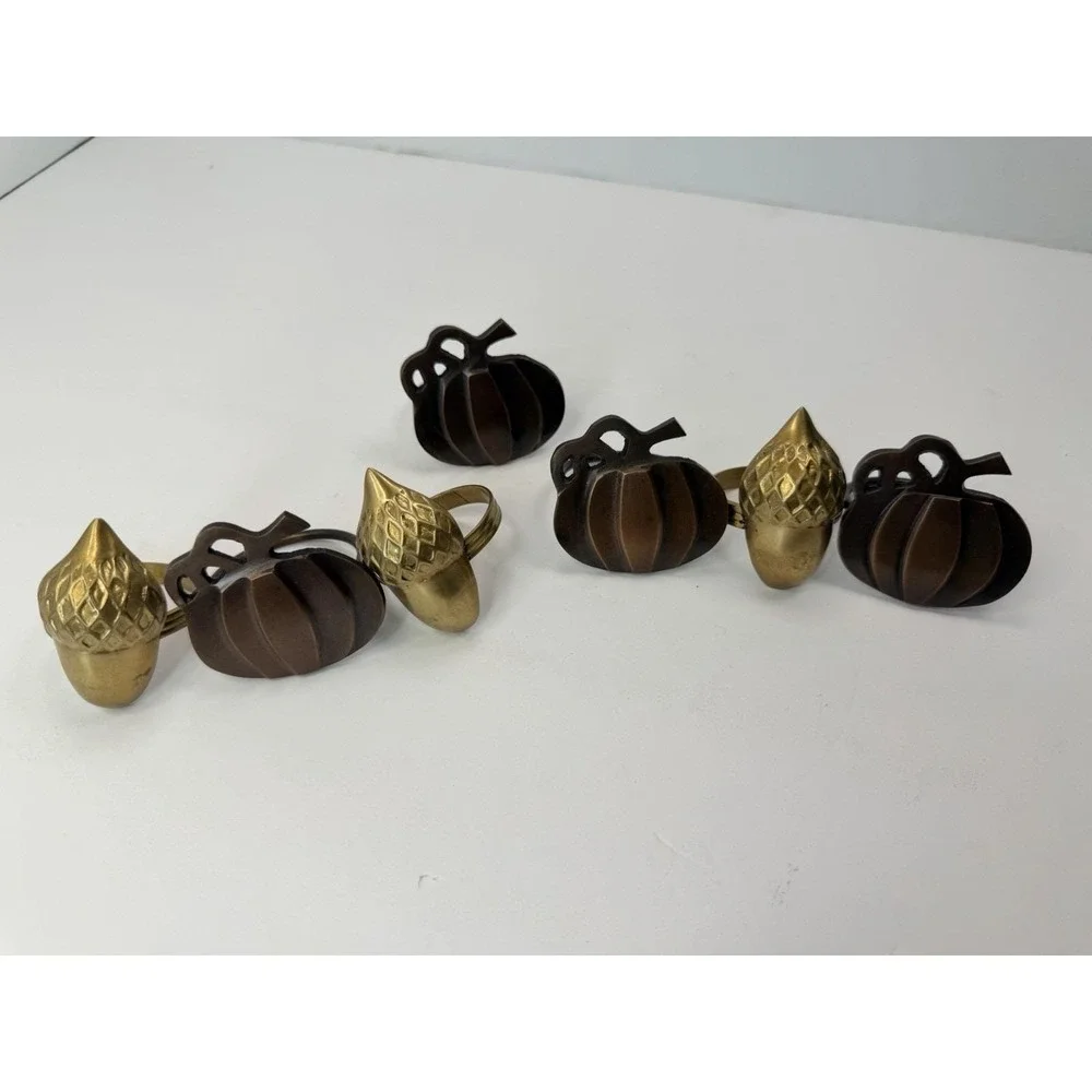 Thanksgiving Fall Lot Of Metal Napkin Rings 3 Acorns 4 Pumpkins